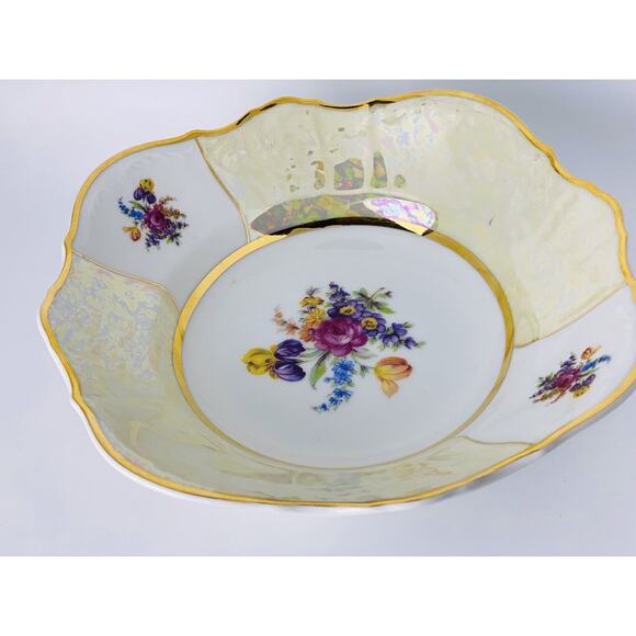 Rare Bernadotte Czech Square Serving Bowl 9" Floral/Iridescent Gold Vintage - Picture 8 of 11